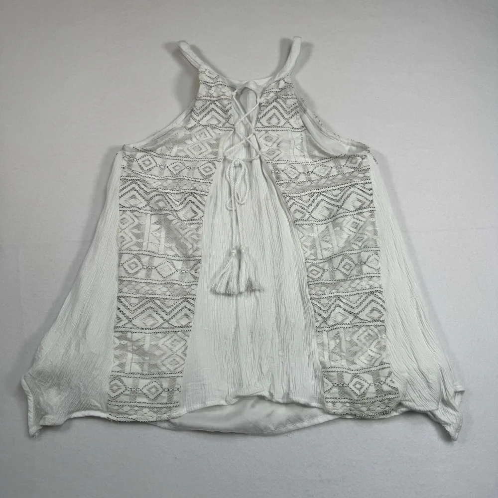 Ethereal Sleeveless High Neck Top Womens Size Medium Layered Lace Tie Back White